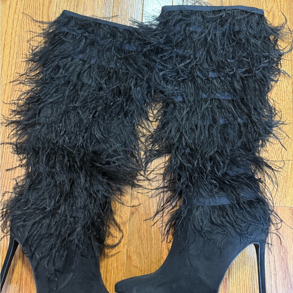 Fashion Nova Black Feathered Heeled Boots ( no box